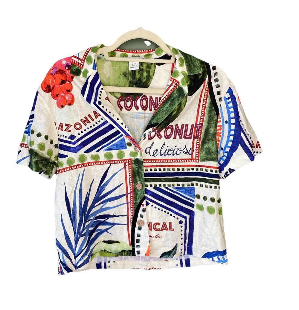 Rachel Zoe Linen Blend Button-Up Hawaiian Shirt Womens Small Boxy Tropical Fruit